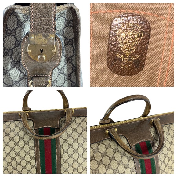 80's GUCCI Brown Supreme Canvas Web Carrier Boston Weekender Bag Made in Italy - Picture 11 of 17